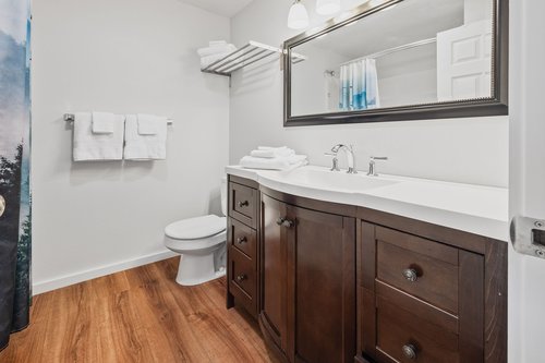 The Mountains full bath between the two bedrooms.