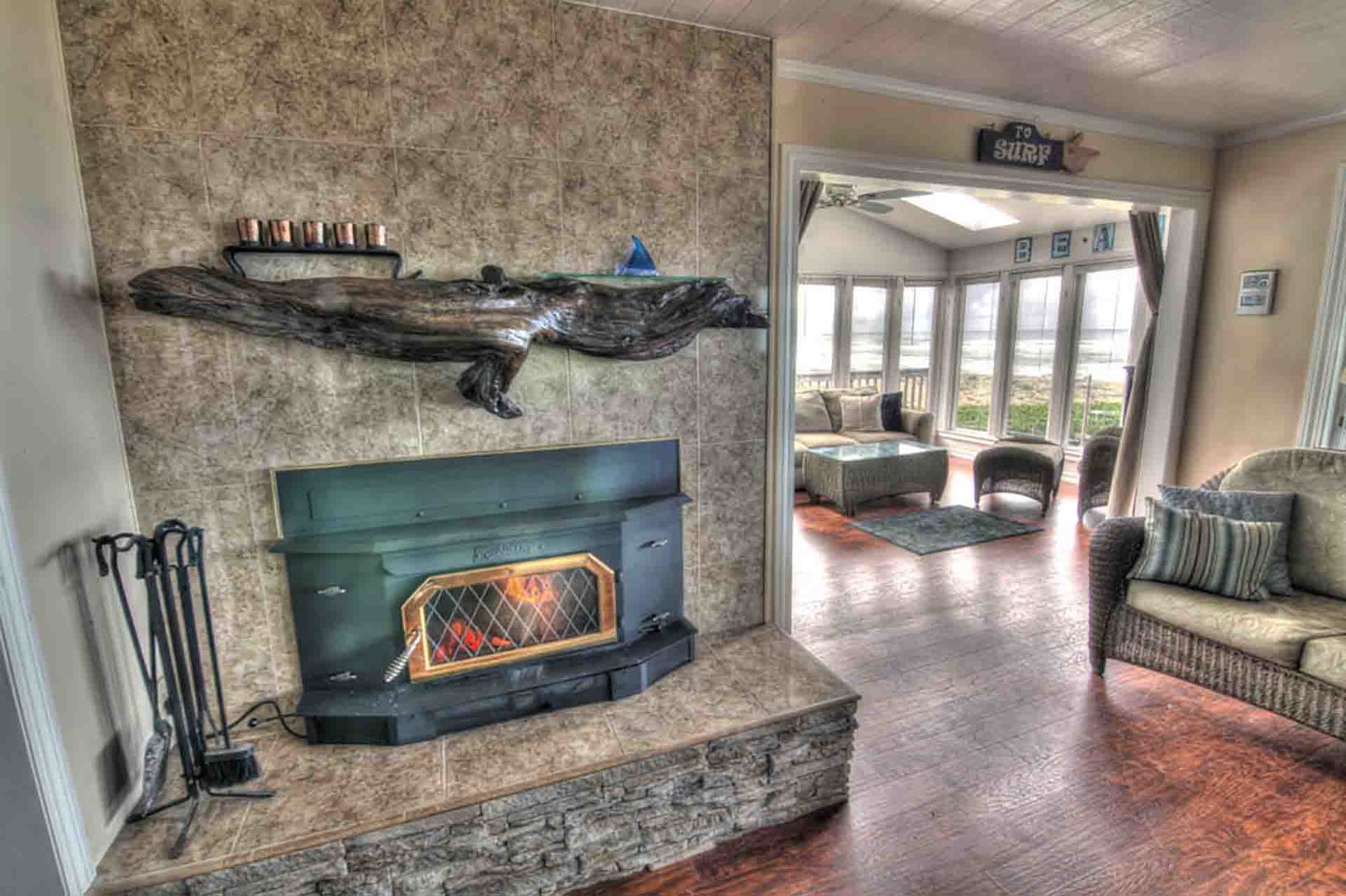 Enjoy the electric fireplace during the winter months!