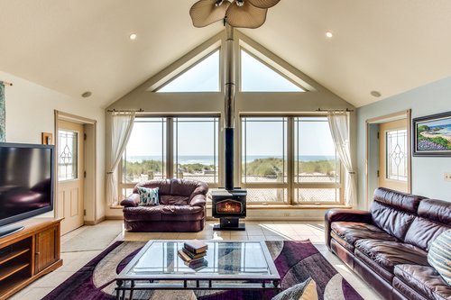 The toasty wood burning stove keeps you warm on chilly days.