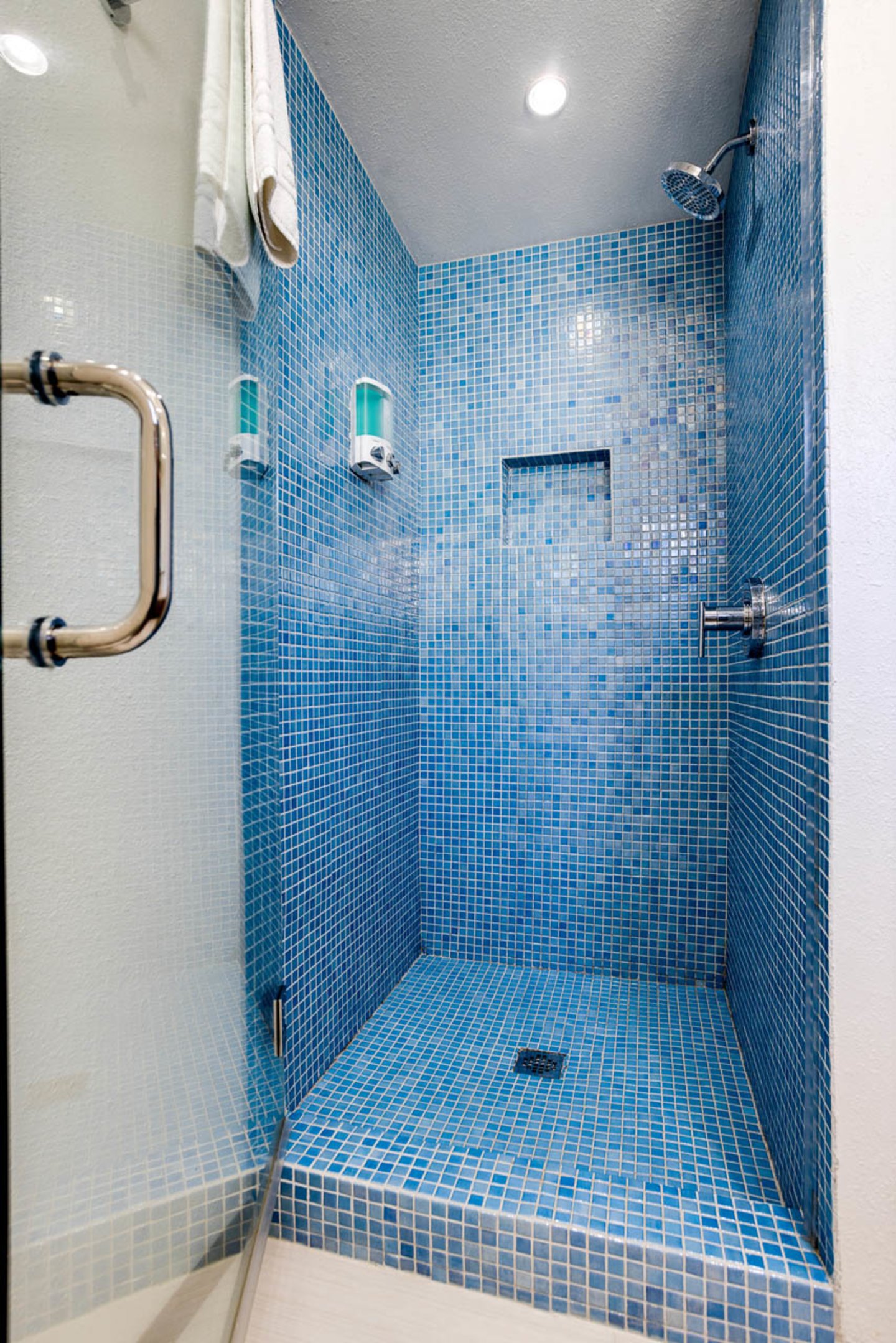 Blue tile custom walk-in shower.