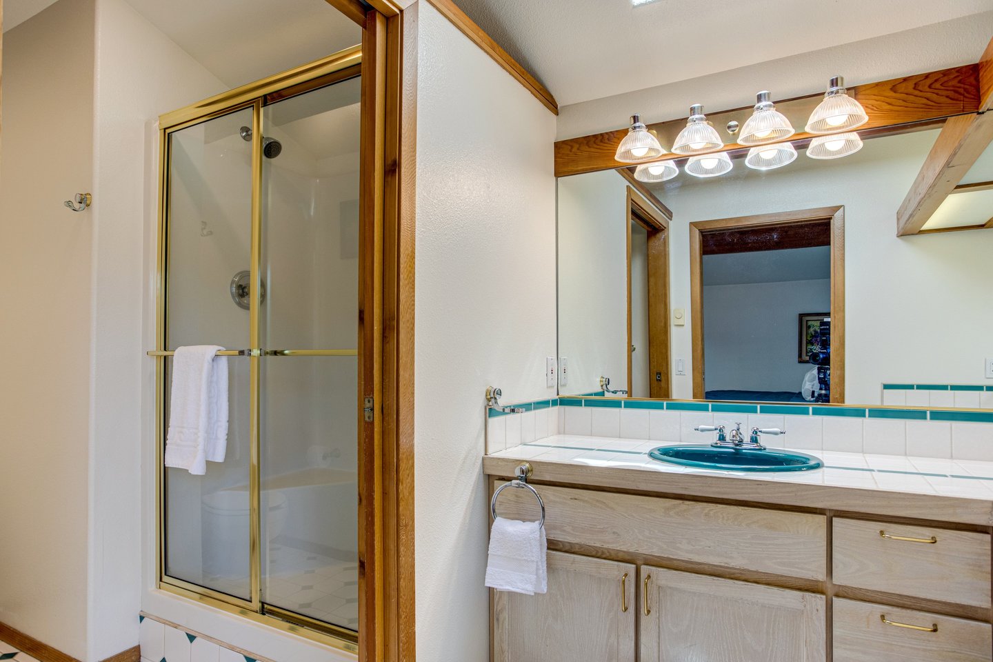 Master bath with skylight and beautiful tile step-in shower.