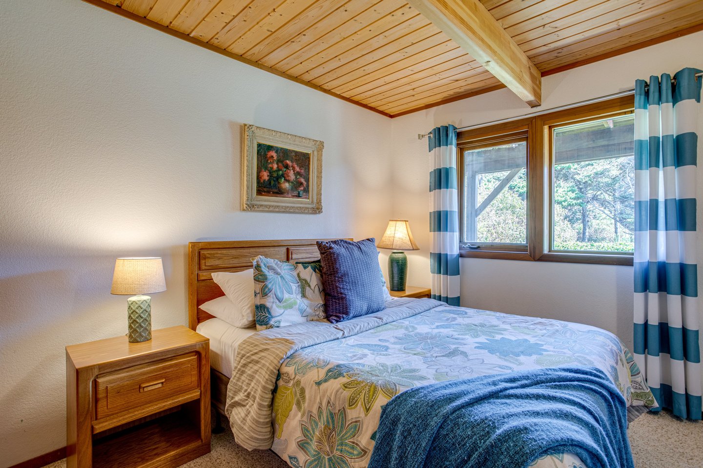 Quiet downstairs bedroom, Queen size comfort, and peaceful privacy