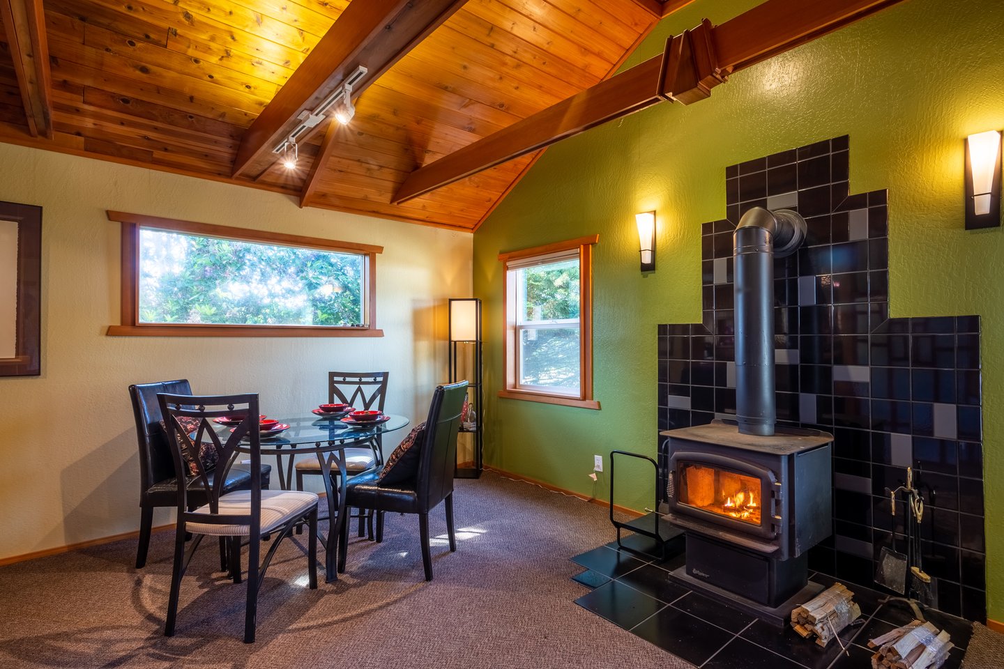 Dine next to a cozy wood burning fireplace.