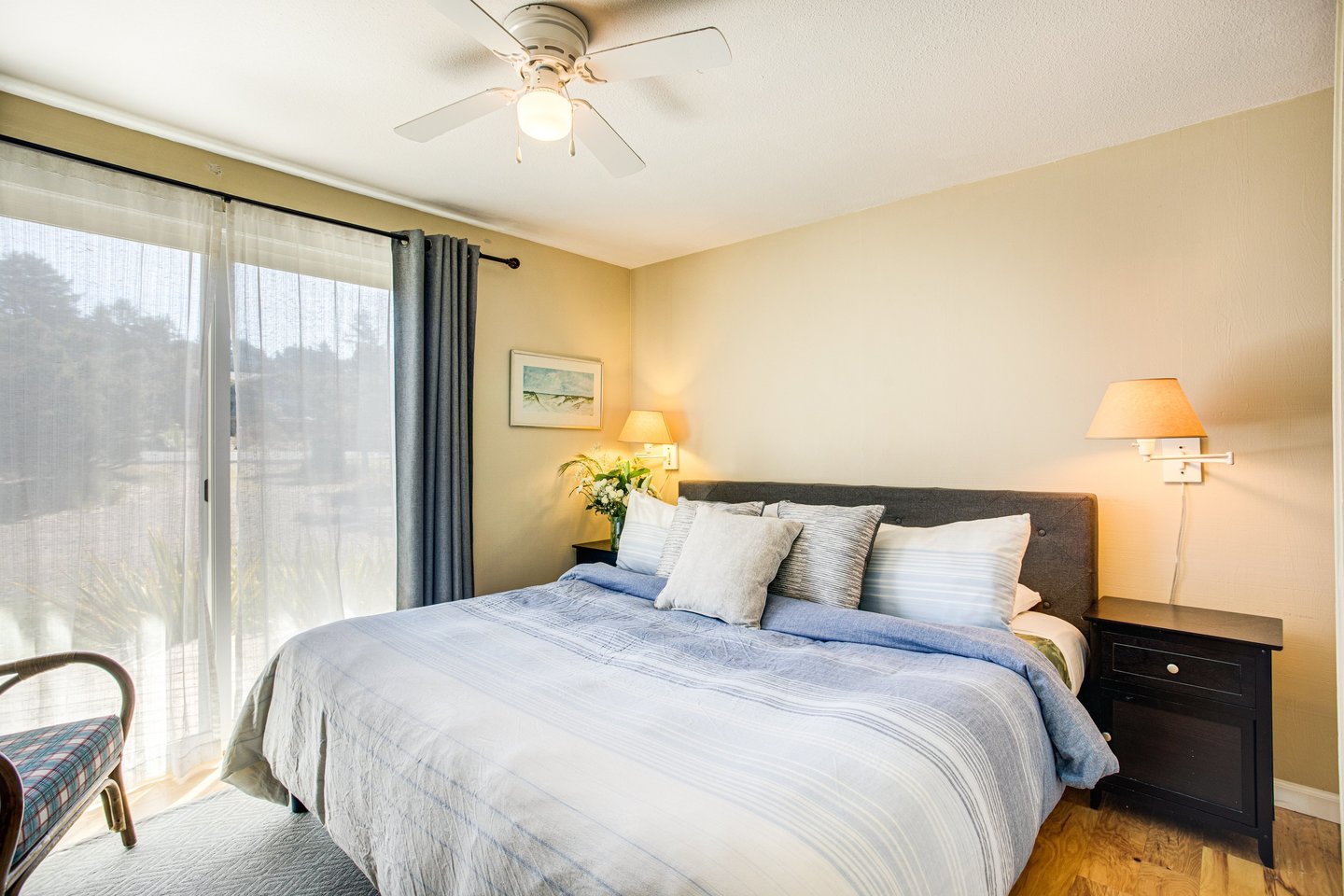 King-sized comfort in a stylish setting with deck access.