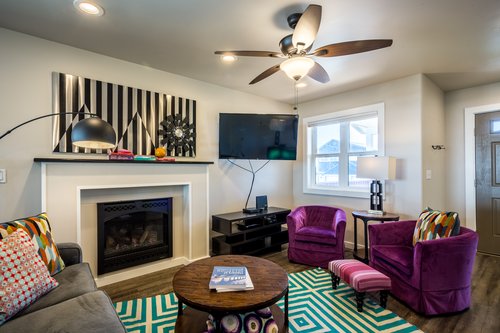Gather in the colorful living area to watch your favorite show.