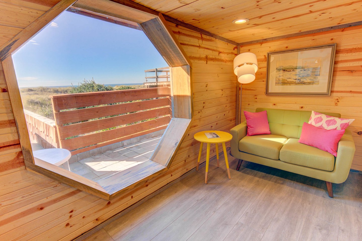 This portal window to the outside has a quiet seating area.