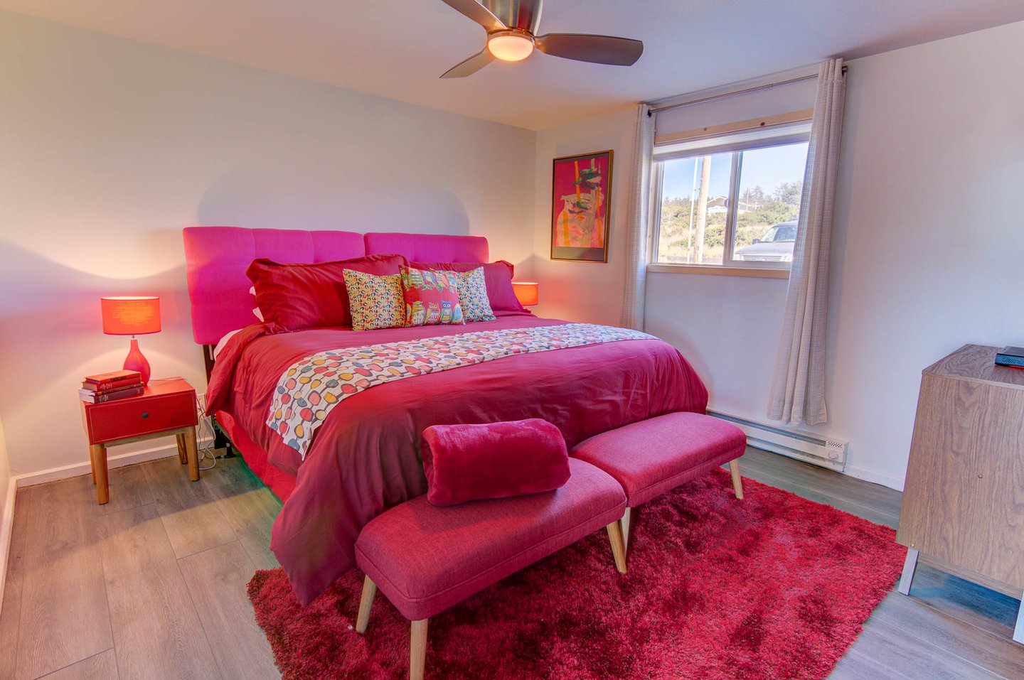 Cozy up in the red bedroom with a king bed that can be split in to two twins with prior notice.