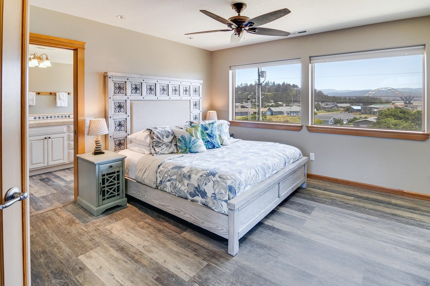 The master suite, with a king bed, has fabulous views of the Alsea Bay Bridge.