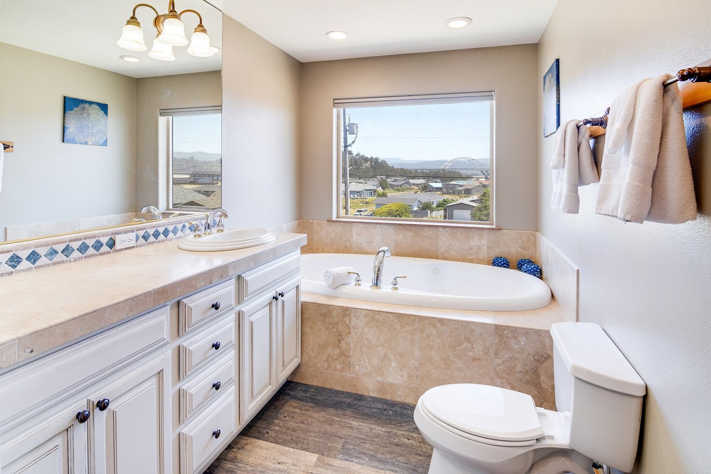 The master suite has a soaking tub with views of the bay bridge.