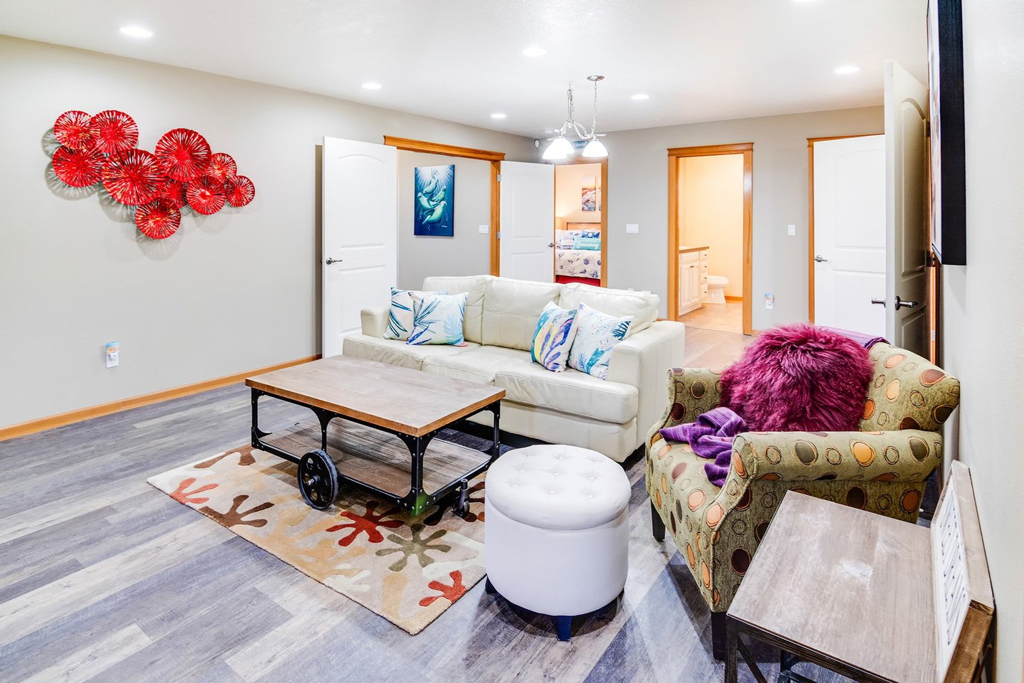 This large family room has a sleeper sofa for extra bedding options.