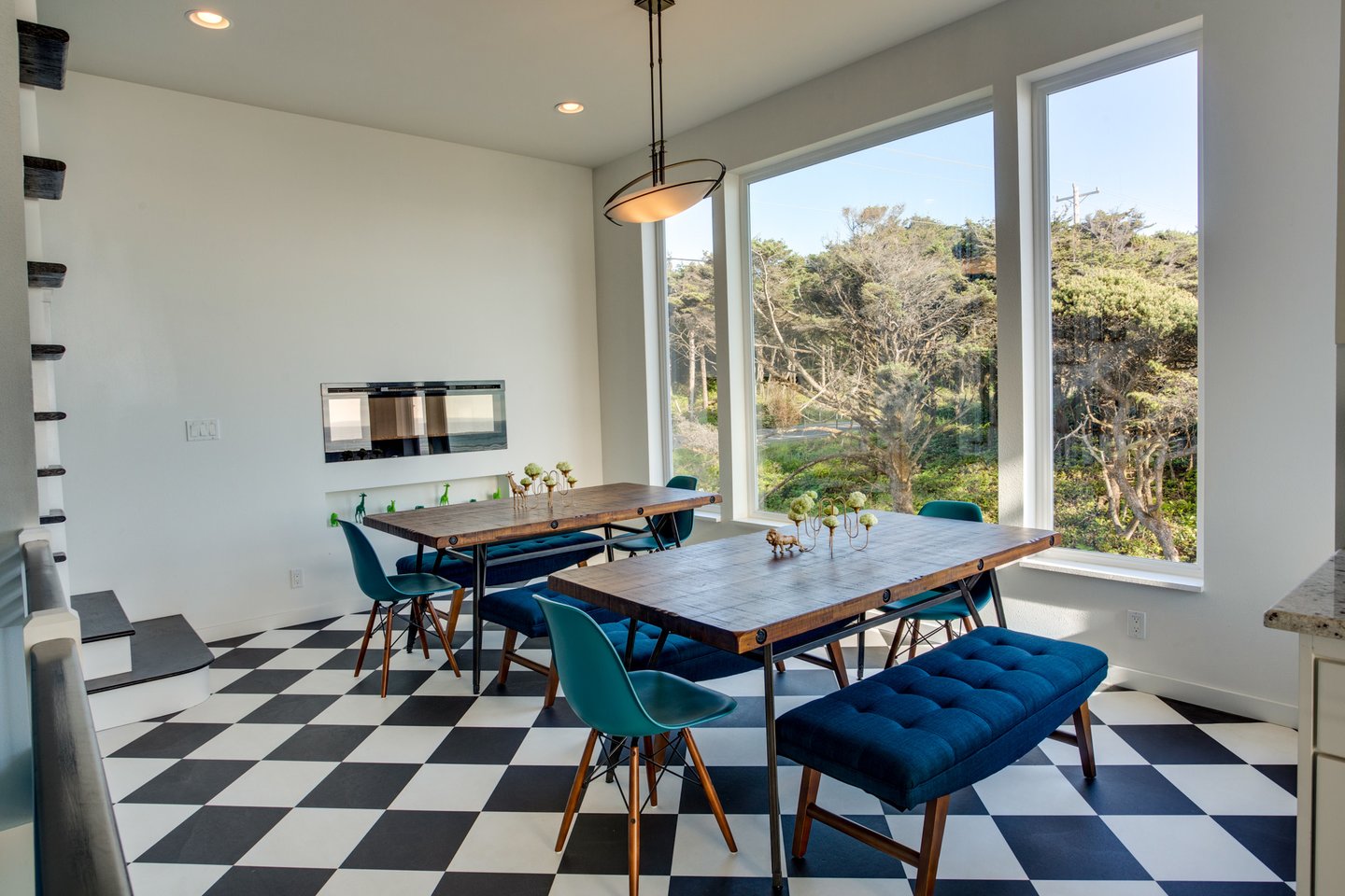 Gas fireplace sets the ambiance for wonderful dining.