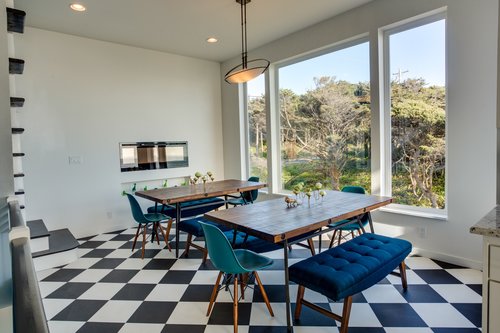 Gas fireplace sets the ambiance for wonderful dining.