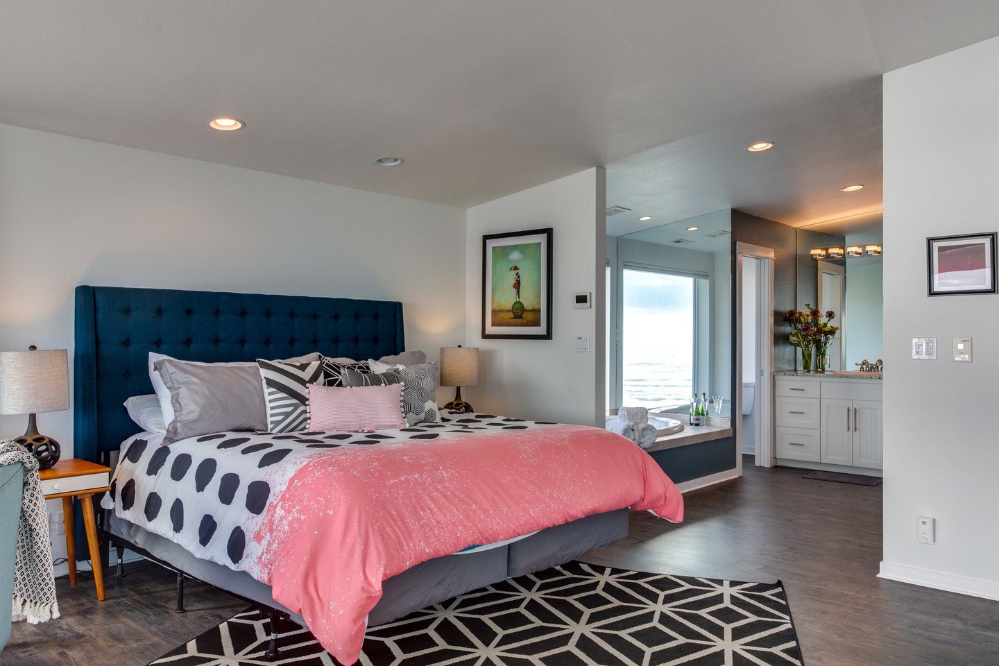 This spacious primary bedroom is a wonderful retreat.