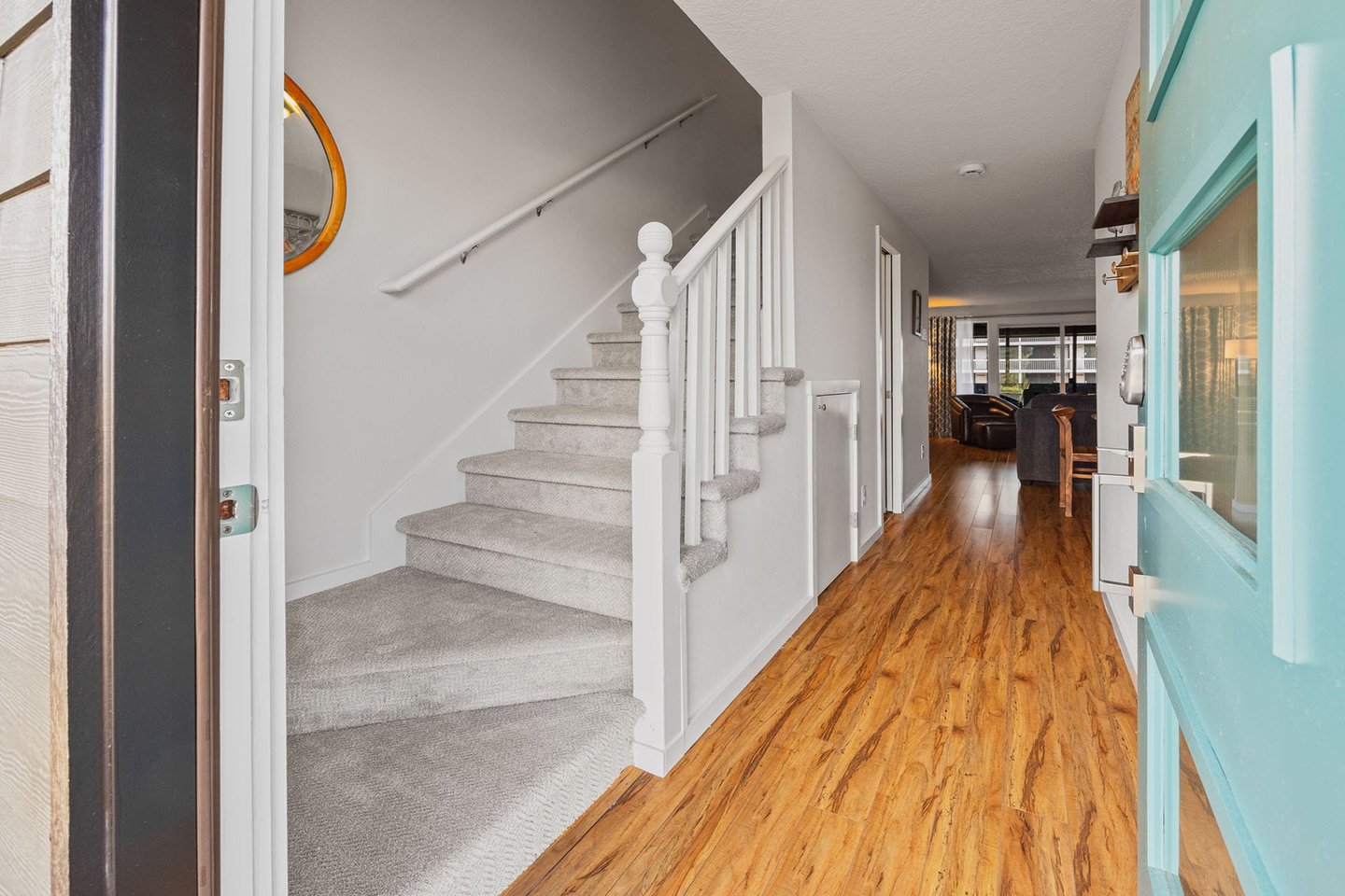 Up the stairs to two bedrooms and a bath.