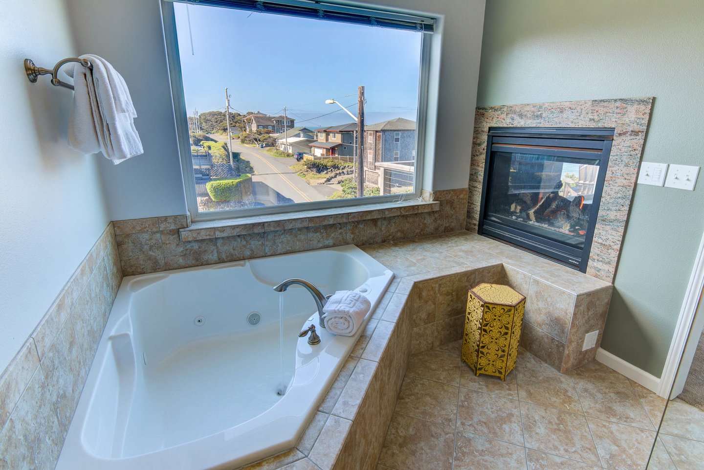 Luxuriate in the tub while the fireplace makes it warm and cozy.