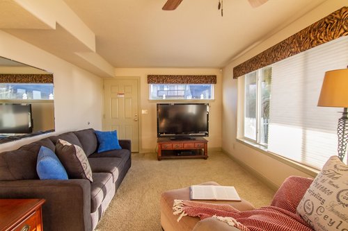 Relax and watch a movie on the large tv downstairs.