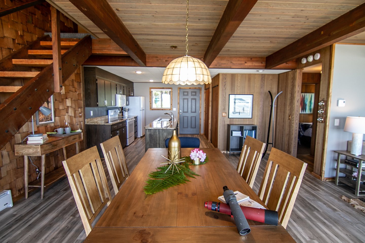 The unique, open stairs add to the charm of this boho home.