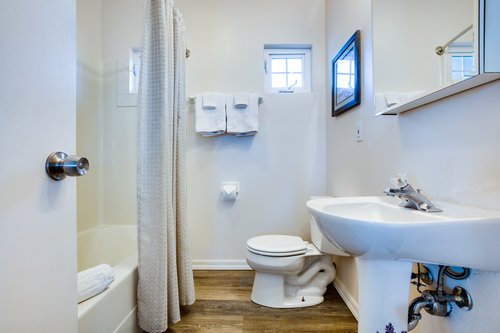 The master bedroom has its own bathroom.