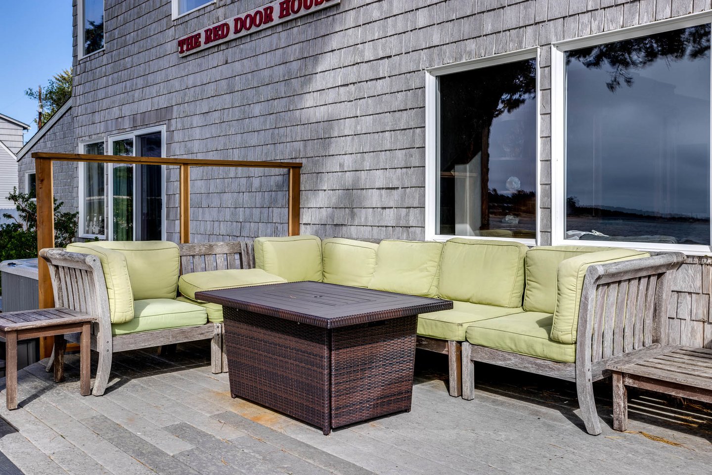 The fire pit adds some warmth to watching the coastal scene!