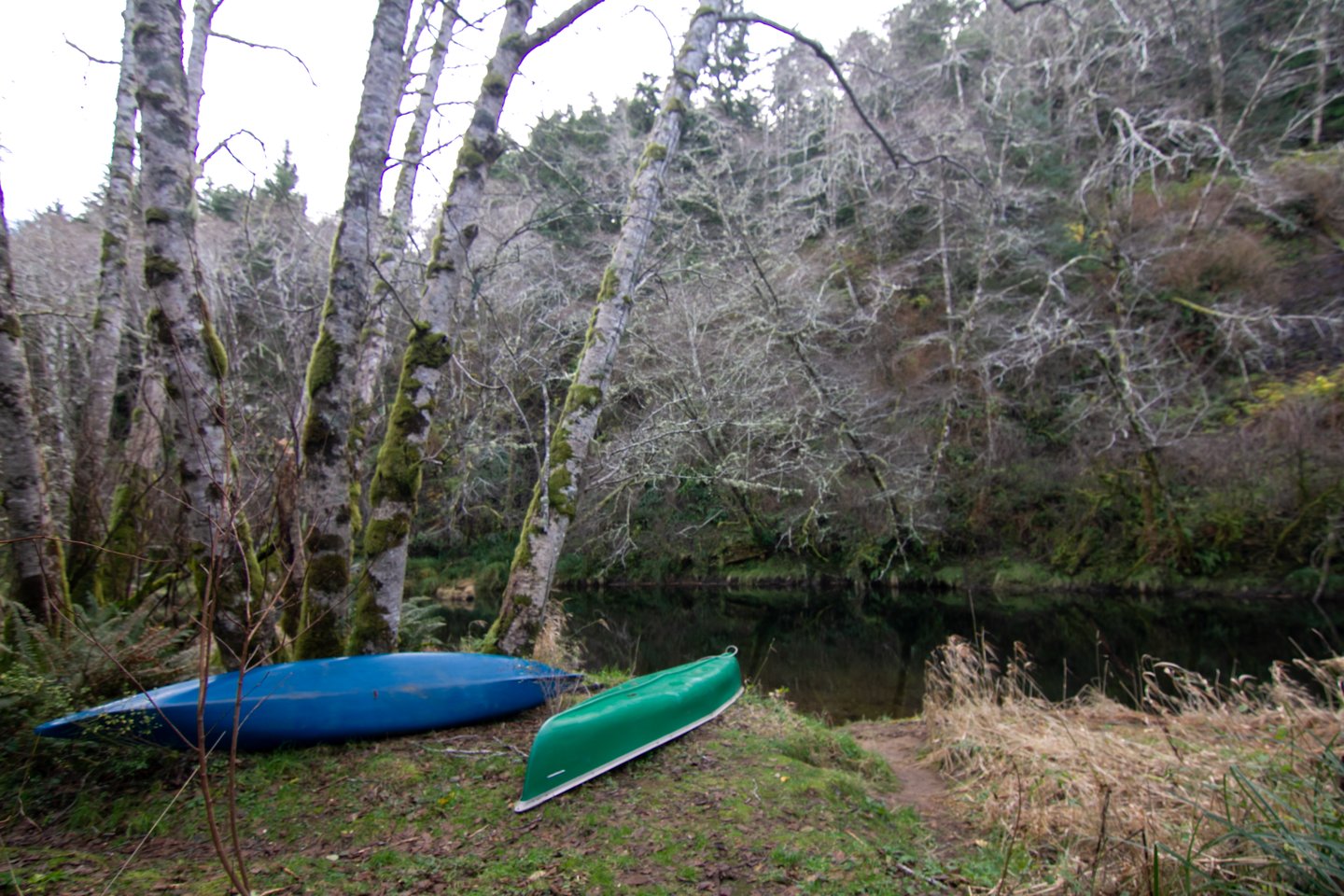 Canoe in the still water of the Yachats River.