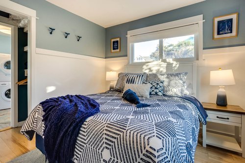 Enjoy the cottage feel in this blue and white room.