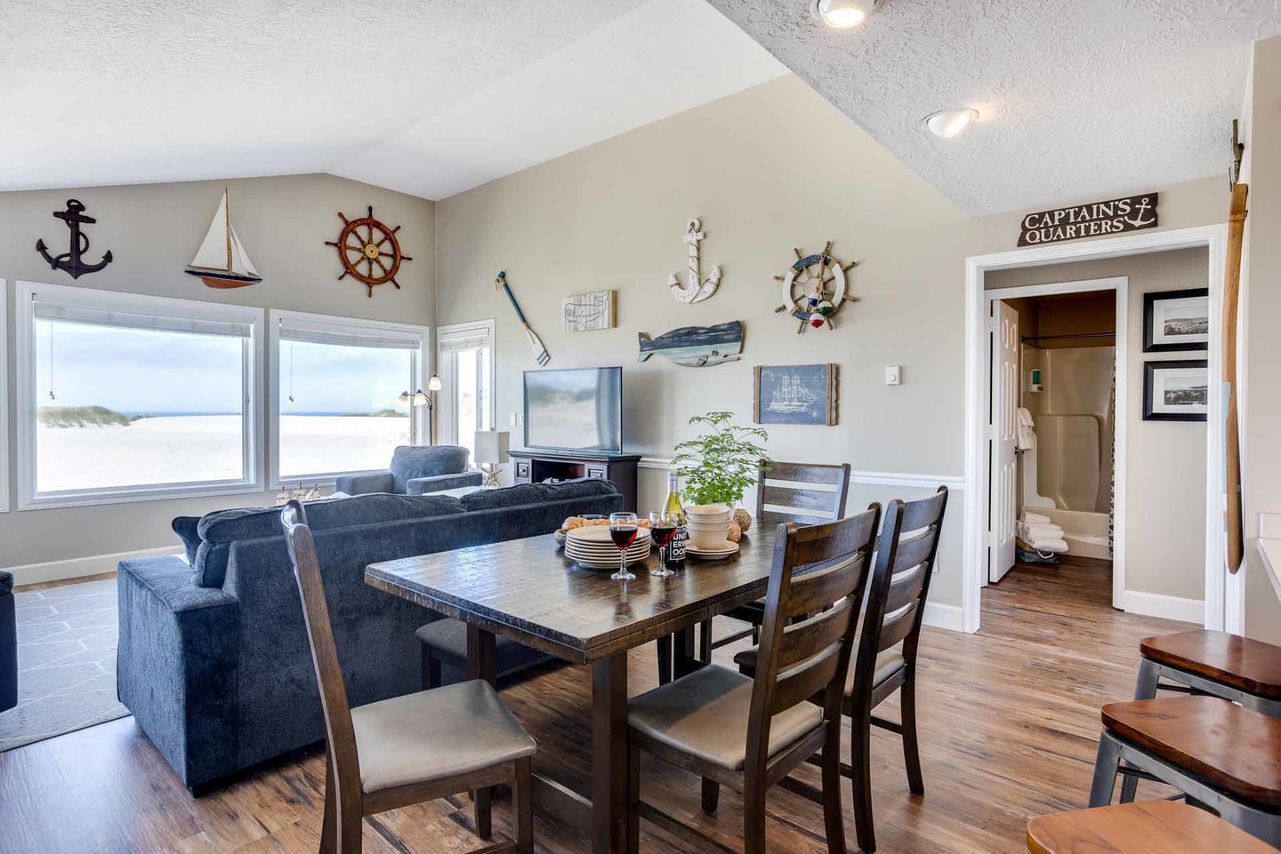 Enjoy your favorite meal or a board game at this large table.