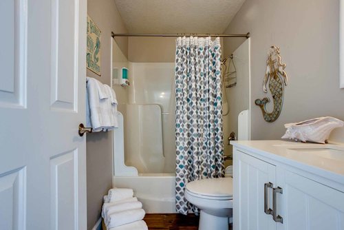 The bath in the hallway with a tub/shower enclosure.