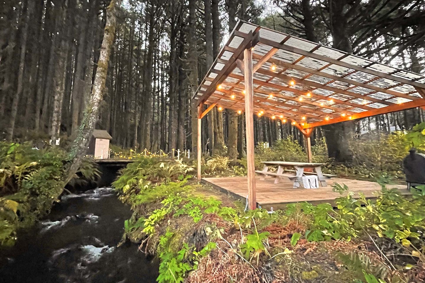 Enjoy the sound of the creek right next to the covered gazebo.