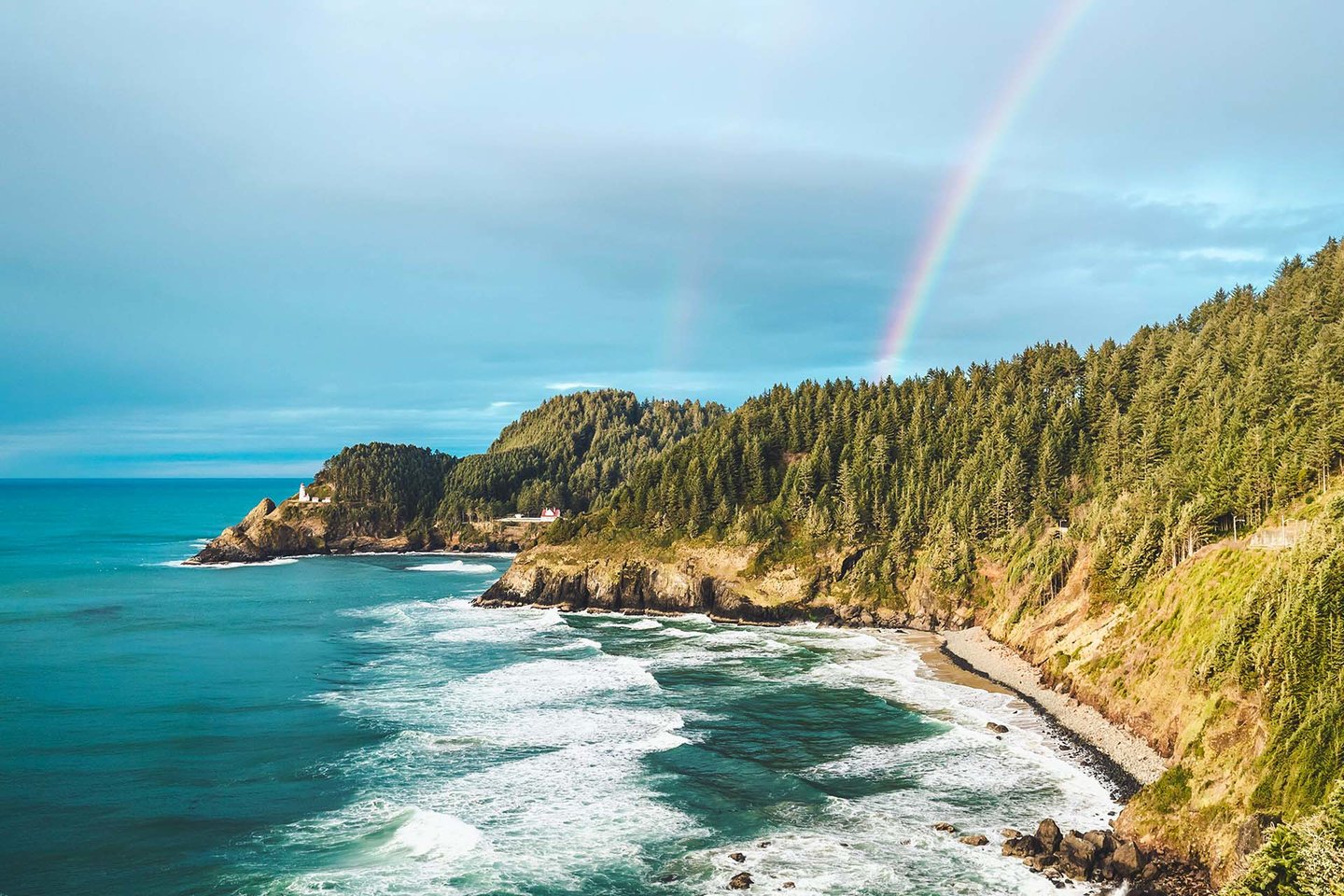 Heceta Head Lighthouse with rainbows.