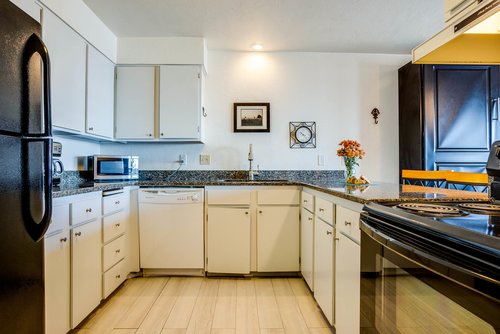 Modern and well stocked kitchen.