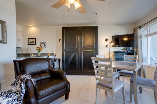 A pull down murphy bed adds additional sleeping options.