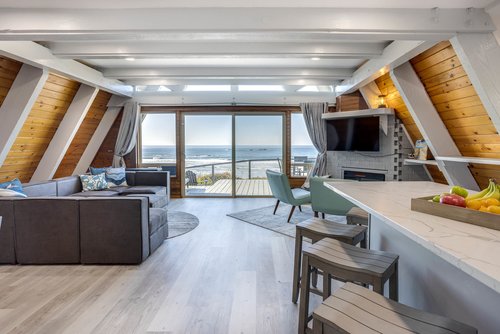 Sloped walls and beams show off the architecture of Above The Waves.