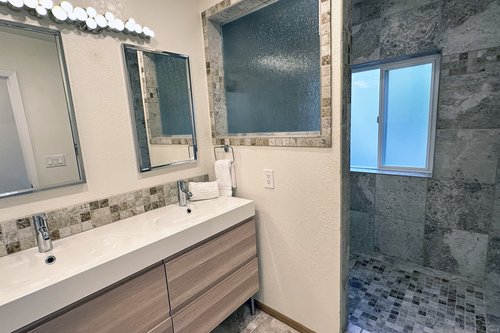 Vanity with two sinks has plenty of room!