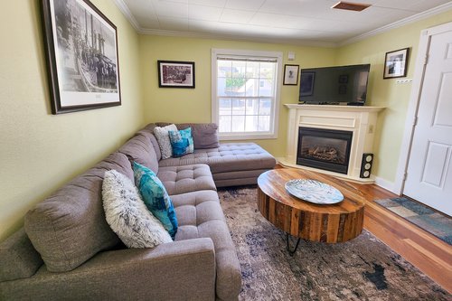 Comfy living room with cozy fireplace.