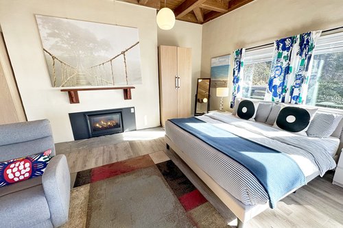 Cozy up to the fireplace on a stormy night.
