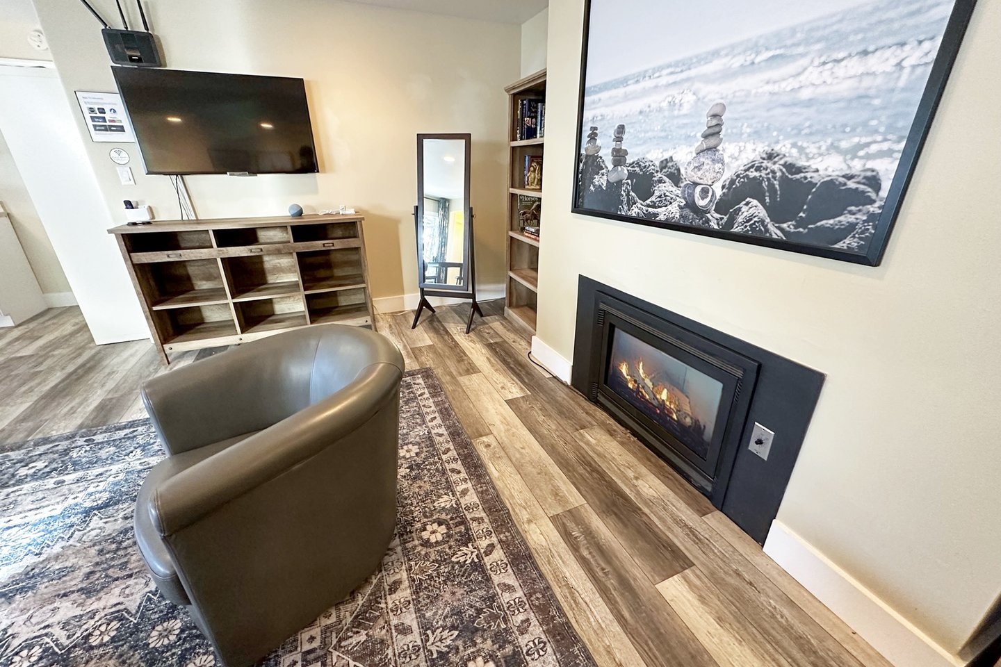Plenty of space to relax and enjoy the fireplace.