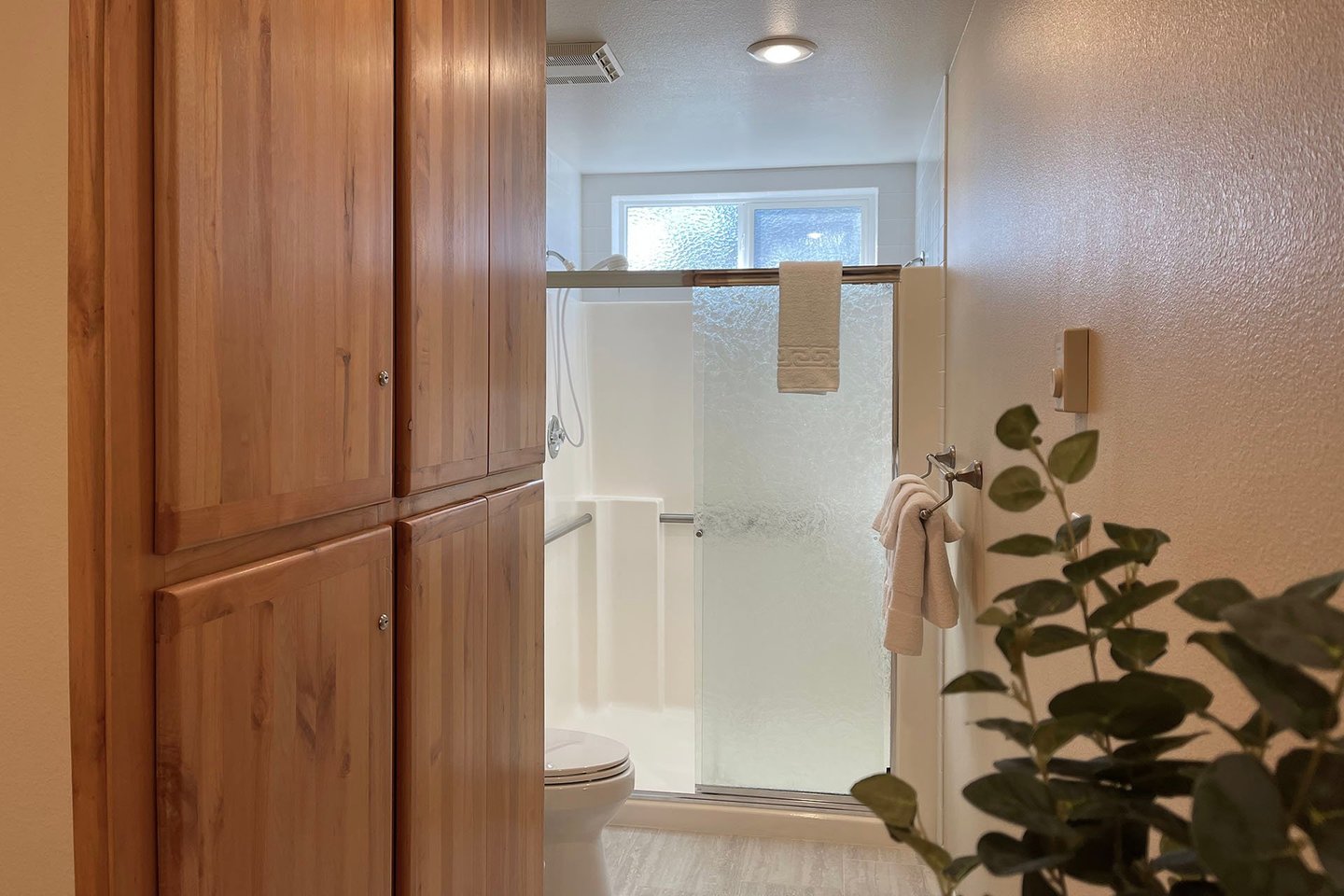 A walk in shower in the primary ensuite.
