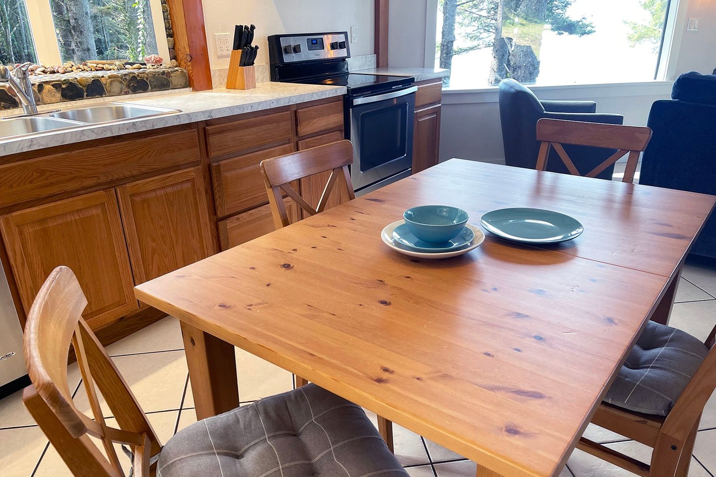 Eat and play board games at the dining room table.