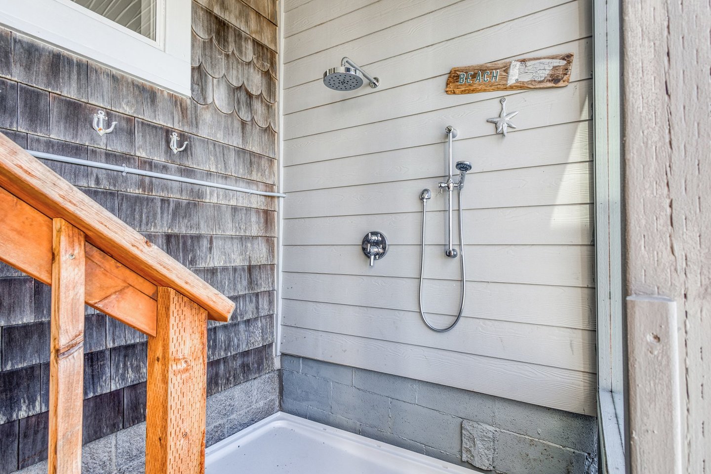 Outdoor shower to rinse yourself or your furry dog friend off after a day at the beach.