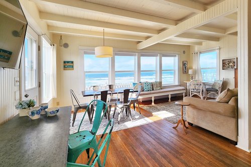 Open concept living and dining room with views