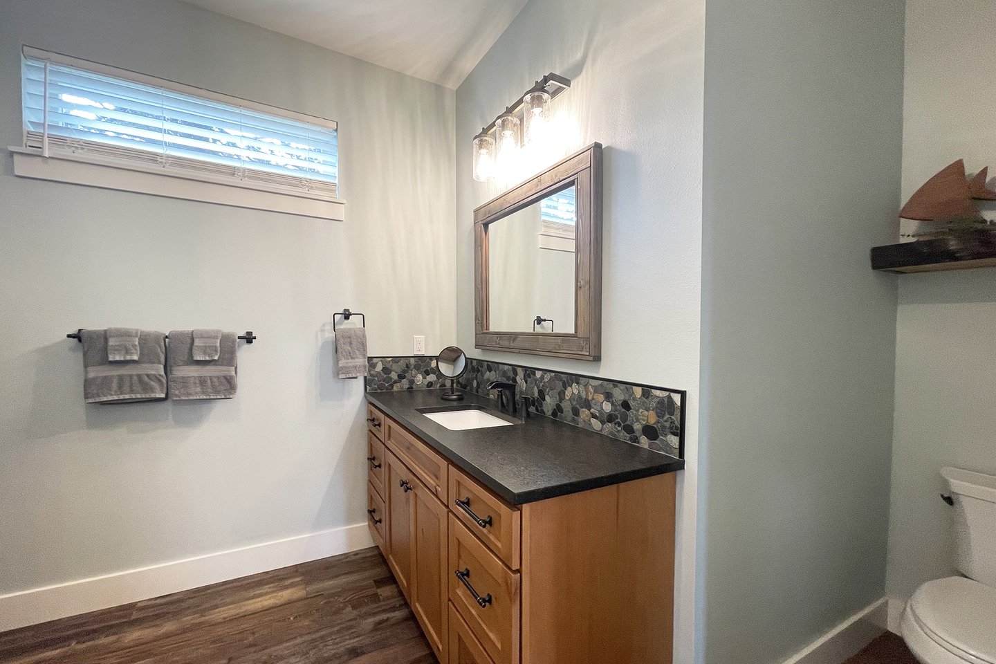 The vanity in the second bath in the hallway on the entry level.