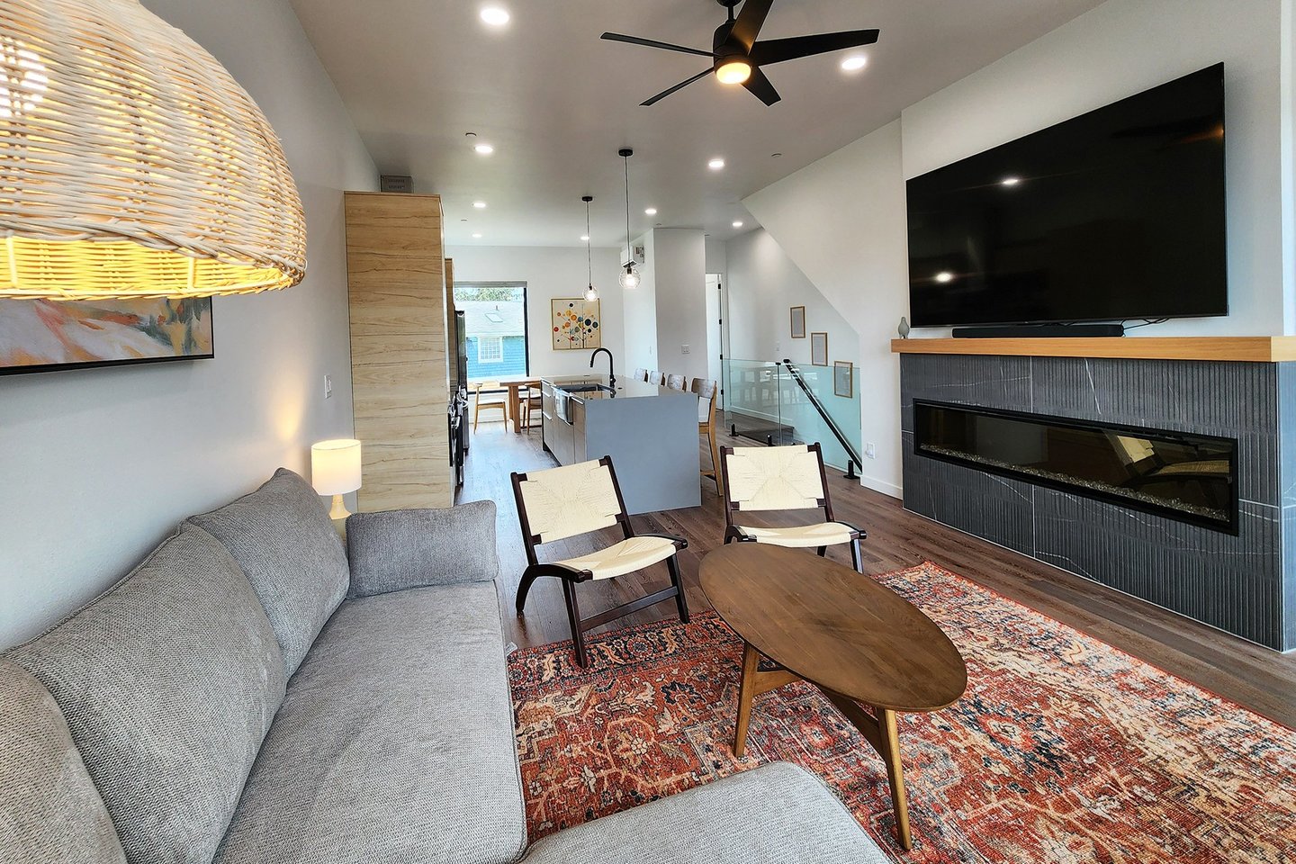 Comfy sofa to watch TV and enjoy the electric fireplace.
