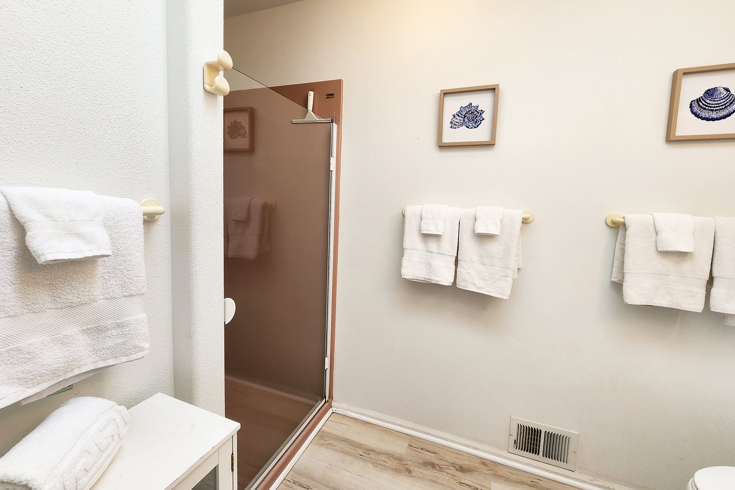 Walk in shower in the bath in the hall.