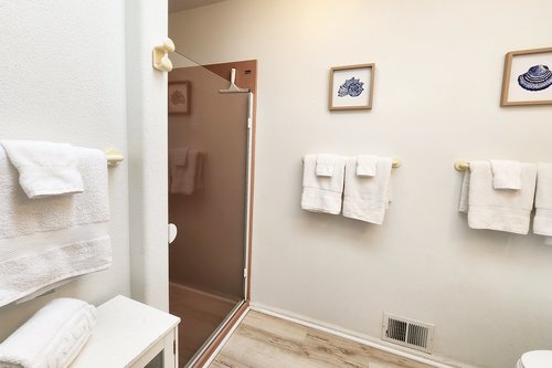 Walk in shower in the bath in the hall.