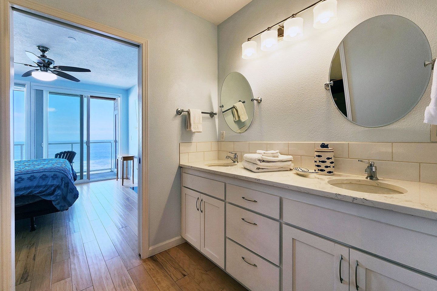 Double sink vanity in the large ensuite bath.